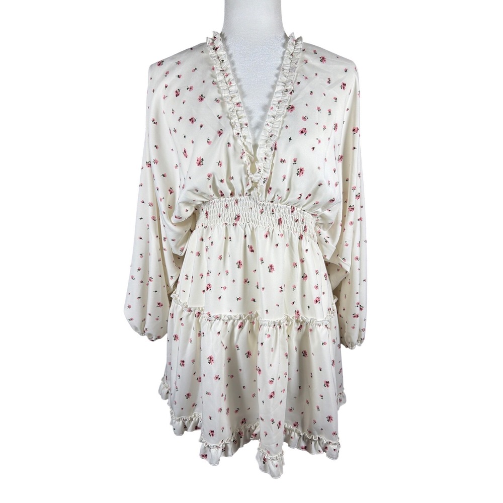 Blush Mark Cream Pink Floral Ruffle V-Neck Smocked Mini Dress 1005943‎ Small